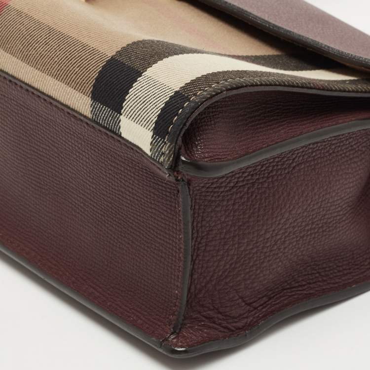 Pre Owned Burberry Burgundy House Check Canvas and Leather Macken Crossbody Bag