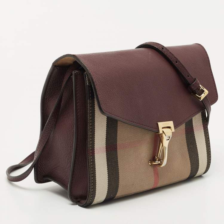 Pre Owned Burberry Burgundy House Check Canvas and Leather Macken Crossbody Bag