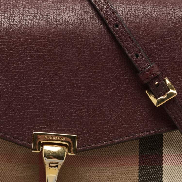 Pre Owned Burberry Burgundy House Check Canvas and Leather Macken Crossbody Bag