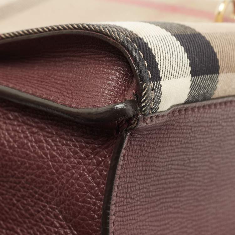 Pre Owned Burberry Burgundy House Check Canvas and Leather Macken Crossbody Bag
