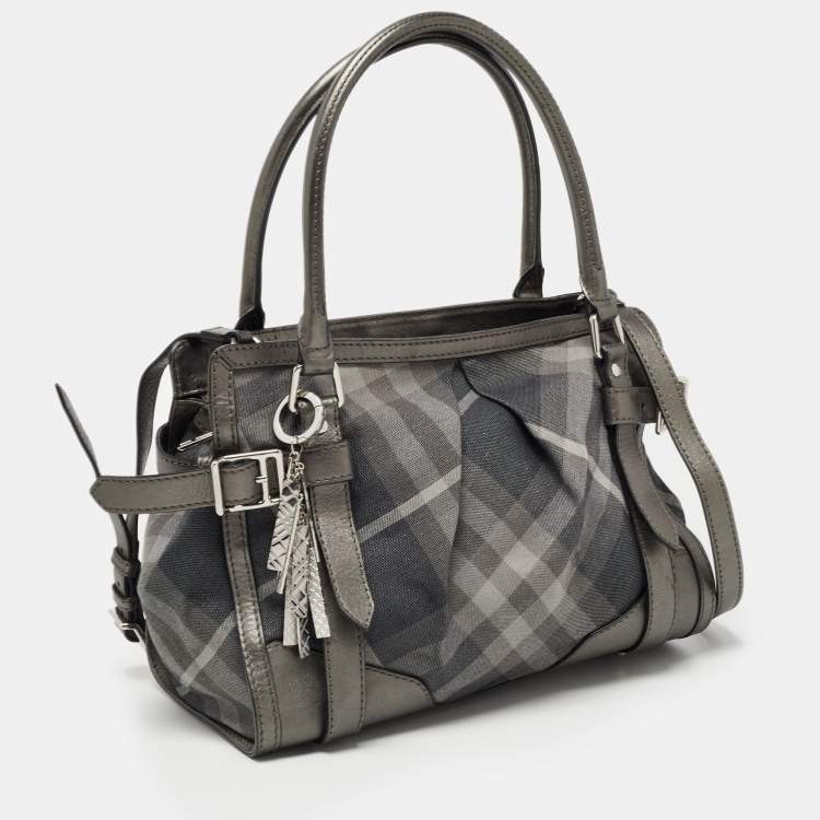Pre Owned Burberry Metallic Grey Shimmer Beat Check Canvas and Leather Lowry Tote