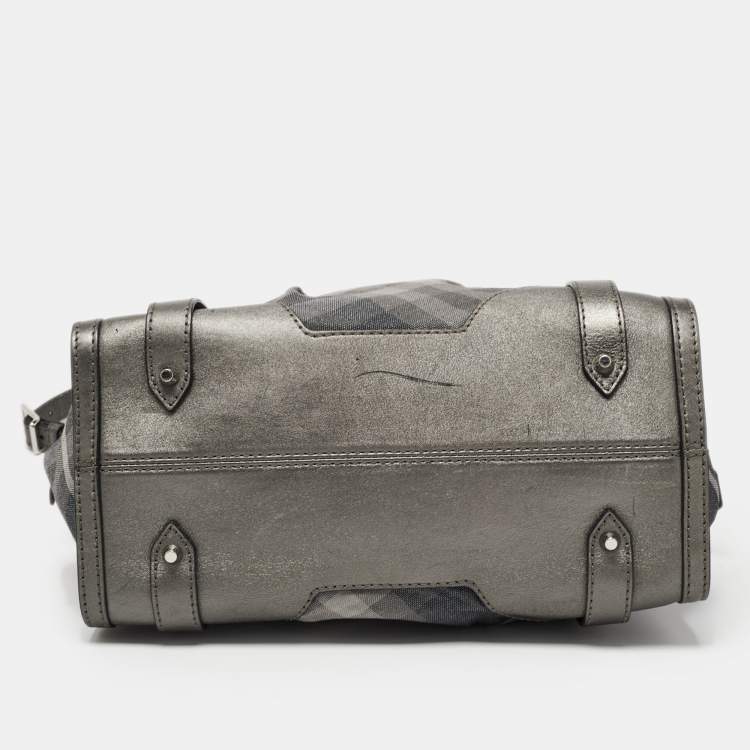 Pre Owned Burberry Metallic Grey Shimmer Beat Check Canvas and Leather Lowry Tote