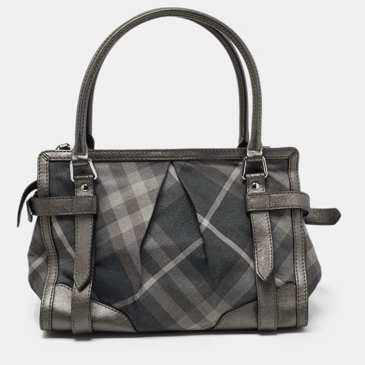 Pre Owned Burberry Metallic Grey Shimmer Beat Check Canvas and Leather Lowry Tote