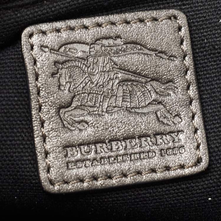 Pre Owned Burberry Metallic Grey Shimmer Beat Check Canvas and Leather Lowry Tote