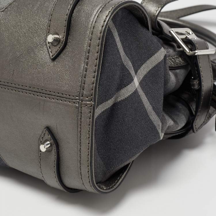Pre Owned Burberry Metallic Grey Shimmer Beat Check Canvas and Leather Lowry Tote