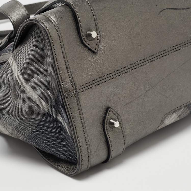 Pre Owned Burberry Metallic Grey Shimmer Beat Check Canvas and Leather Lowry Tote