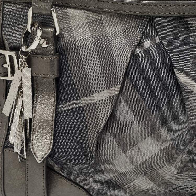 Pre Owned Burberry Metallic Grey Shimmer Beat Check Canvas and Leather Lowry Tote