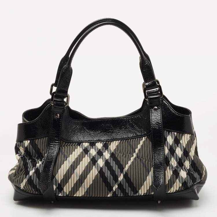 Pre Owned Burberry Black Beat Check Nylon and Patent Leather East/West Tote