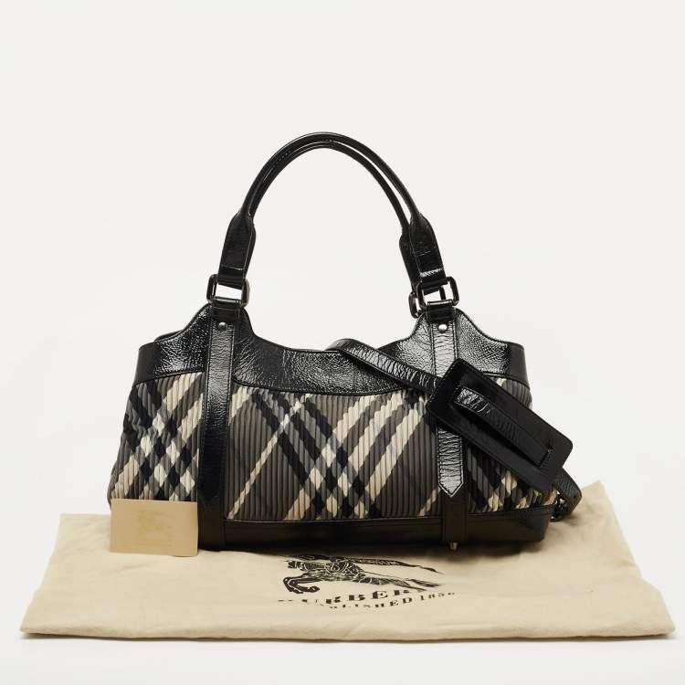 Pre Owned Burberry Black Beat Check Nylon and Patent Leather East/West Tote