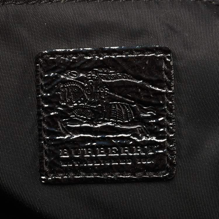Pre Owned Burberry Black Beat Check Nylon and Patent Leather East/West Tote