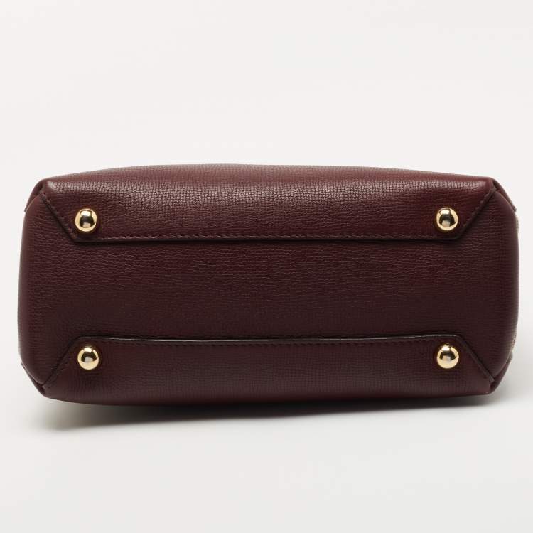 Pre Owned Burberry Burgundy/Beige Leather and House Check Fabric Small Banner Tote