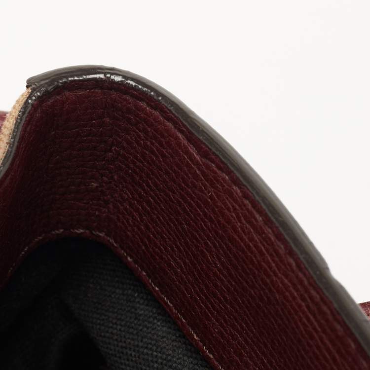 Pre Owned Burberry Burgundy/Beige Leather and House Check Fabric Small Banner Tote
