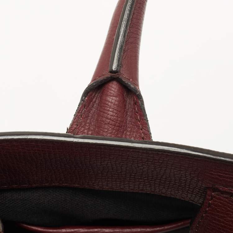 Pre Owned Burberry Burgundy/Beige Leather and House Check Fabric Small Banner Tote