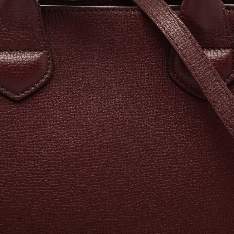 Pre Owned Burberry Burgundy/Beige Leather and House Check Fabric Small Banner Tote