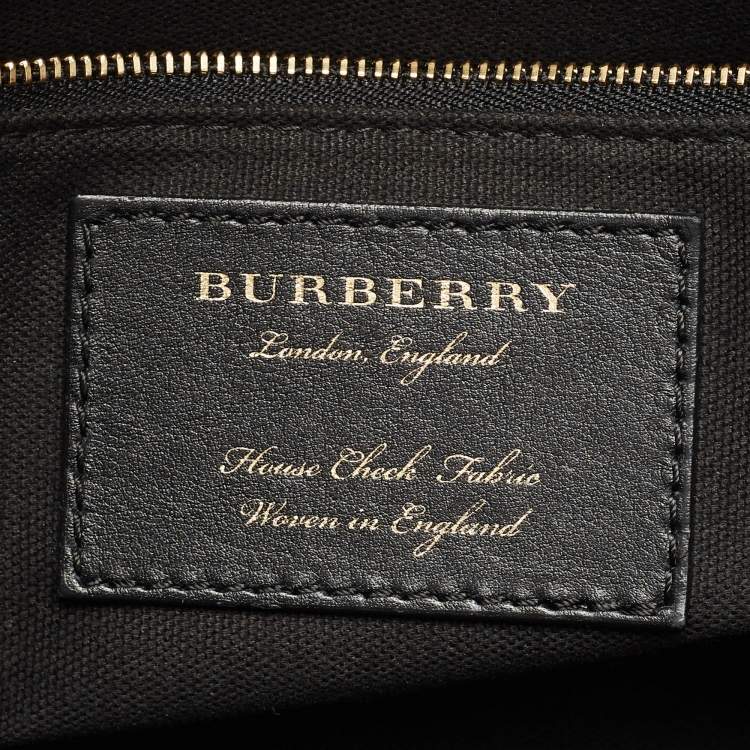 Pre Owned Burberry Burgundy/Beige Leather and House Check Fabric Small Banner Tote