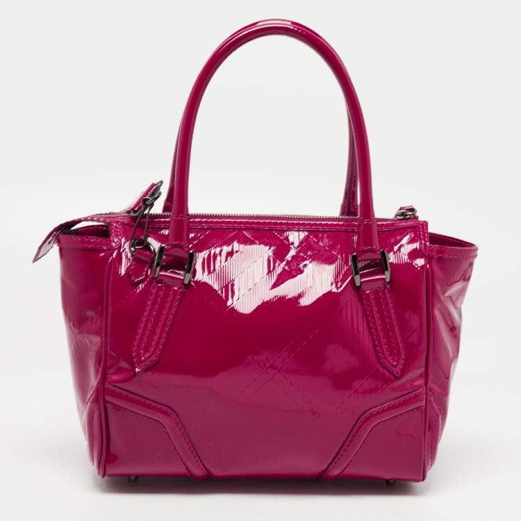 Pre Owned Burberry Fuchsia Check Embossed Patent Leather Tote