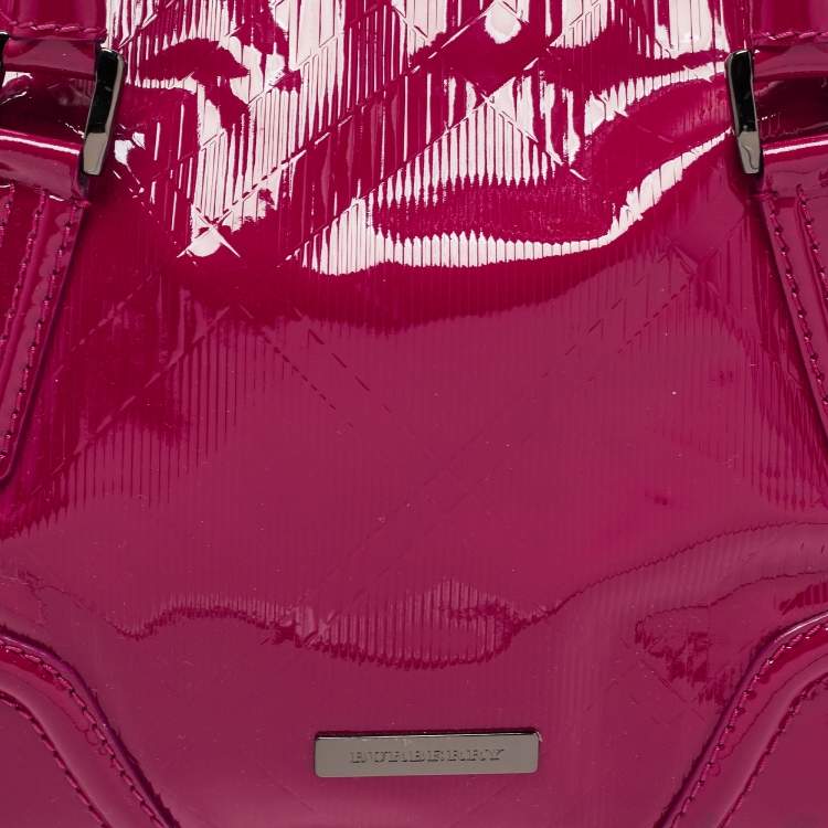 Pre Owned Burberry Fuchsia Check Embossed Patent Leather Tote