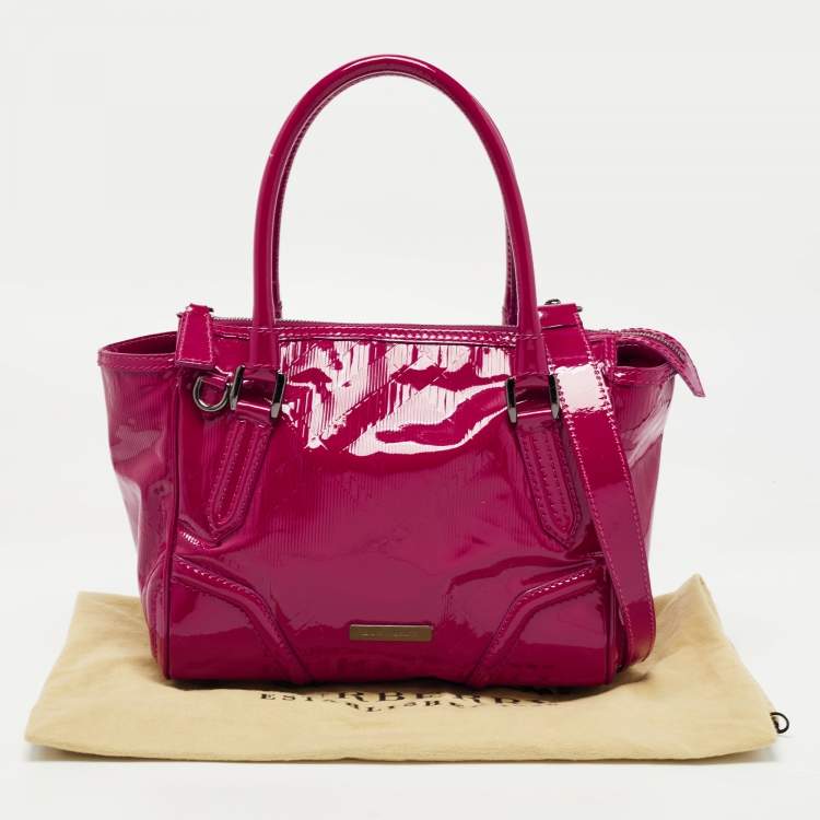 Pre Owned Burberry Fuchsia Check Embossed Patent Leather Tote