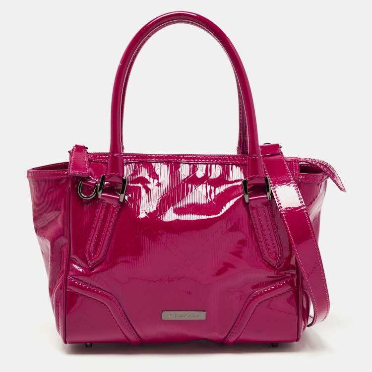 Pre Owned Burberry Fuchsia Check Embossed Patent Leather Tote