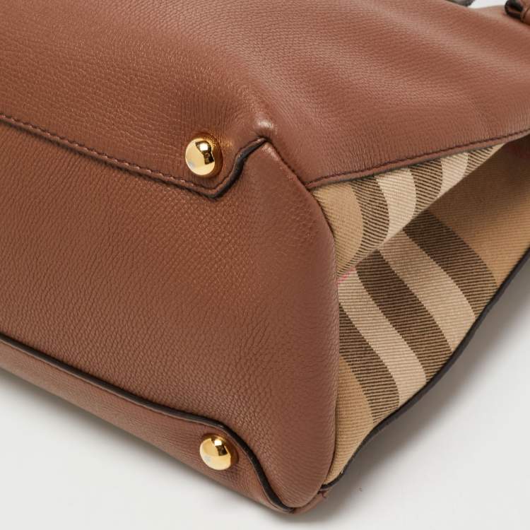 Pre Owned Burberry Beige Leather and House Check Fabric Medium Banner Tote