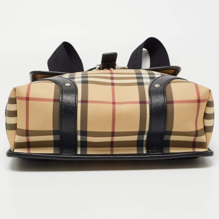 Pre Owned Burberry Black/Beige House Check PVC and Leather Buckle Flap Backpack