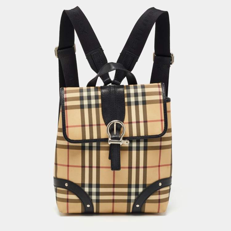 Pre Owned Burberry Black/Beige House Check PVC and Leather Buckle Flap Backpack