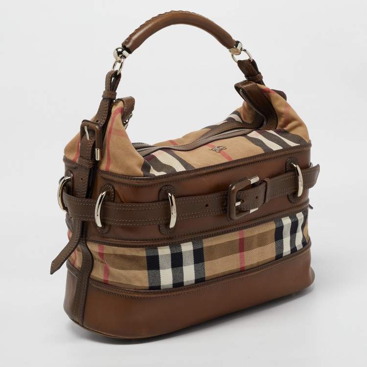 Pre Owned Burberry Beige/Tan House Check Canvas and Leather Hobo