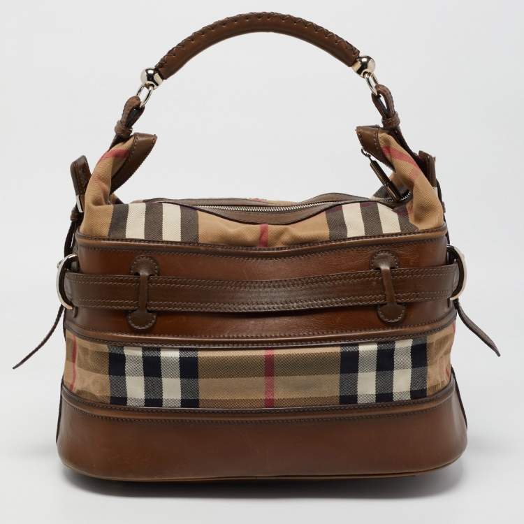 Pre Owned Burberry Beige/Tan House Check Canvas and Leather Hobo