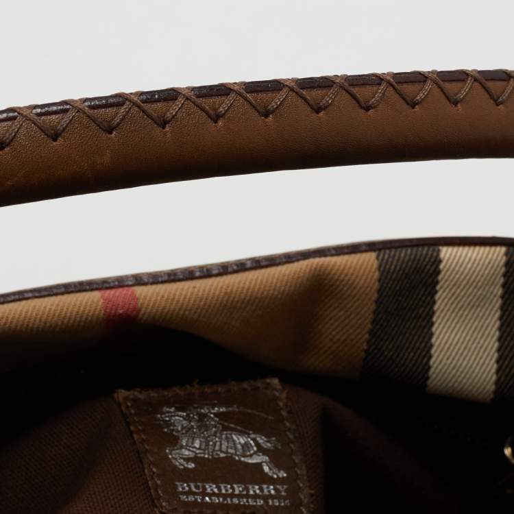 Pre Owned Burberry Beige/Tan House Check Canvas and Leather Hobo