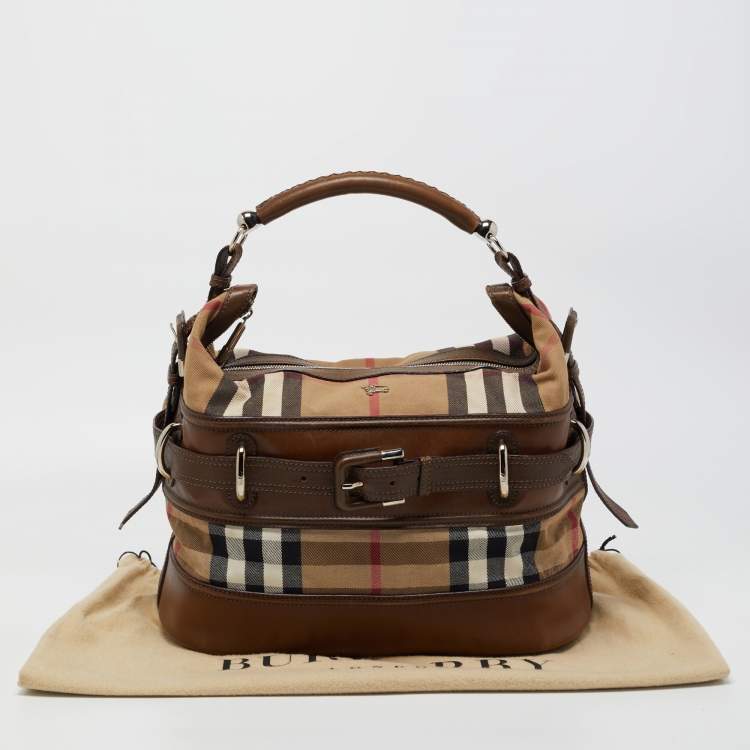 Pre Owned Burberry Beige/Tan House Check Canvas and Leather Hobo