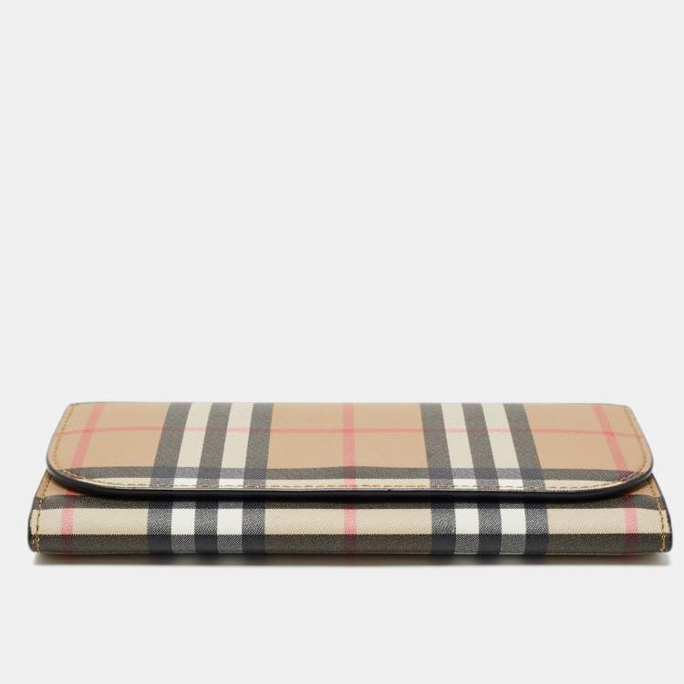 Pre Owned Burberry Beige Icon Stripe Coated Fabric Flap Continental Wallet