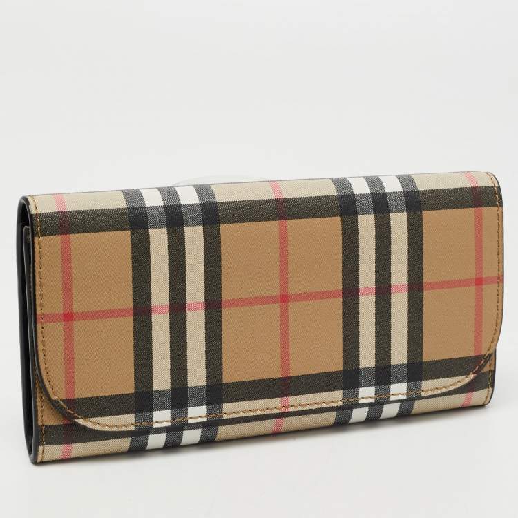 Pre Owned Burberry Beige Icon Stripe Coated Fabric Flap Continental Wallet