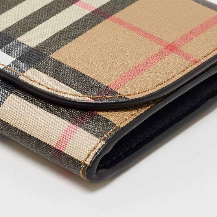Pre Owned Burberry Beige Icon Stripe Coated Fabric Flap Continental Wallet