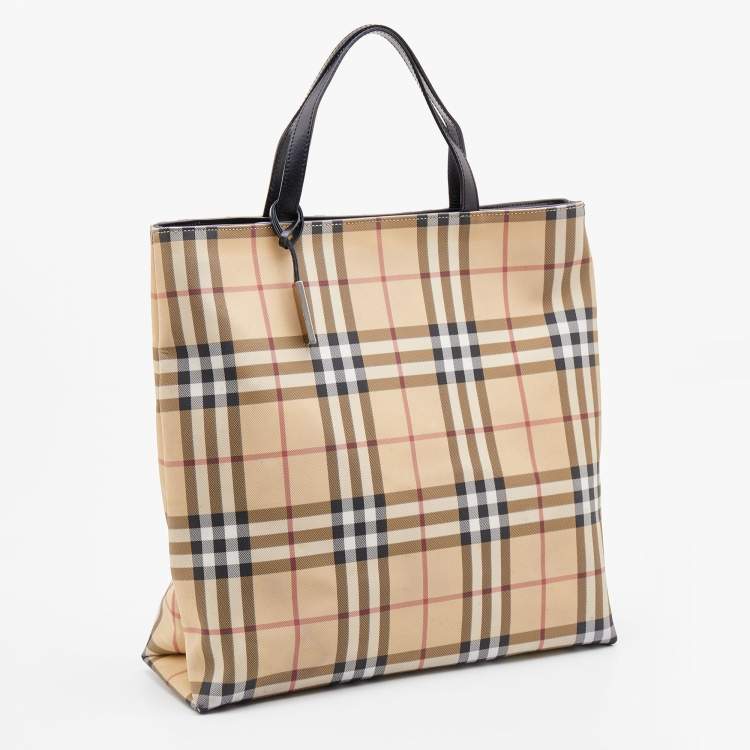 Pre Owned Burberry Beige/Black Nova Check Coated Canvas and Leather Shopper Tote