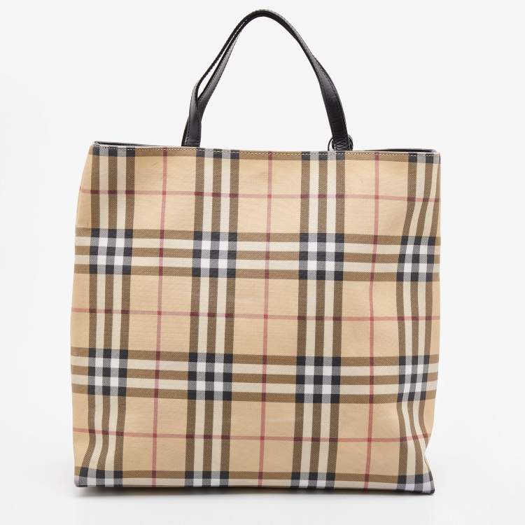 Pre Owned Burberry Beige/Black Nova Check Coated Canvas and Leather Shopper Tote