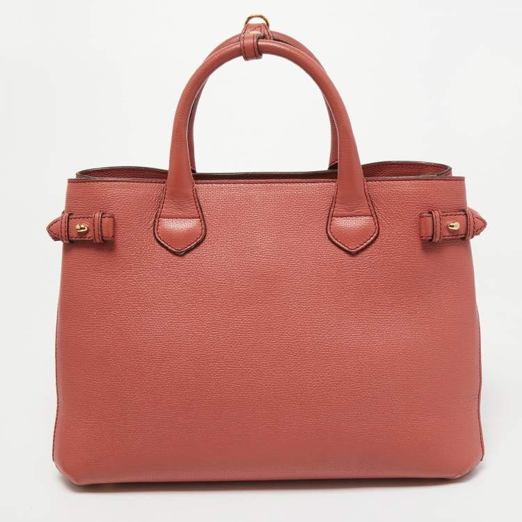 Pre Owned Burberry Peach/Beige Leather and House Check Fabric Medium Banner Tote