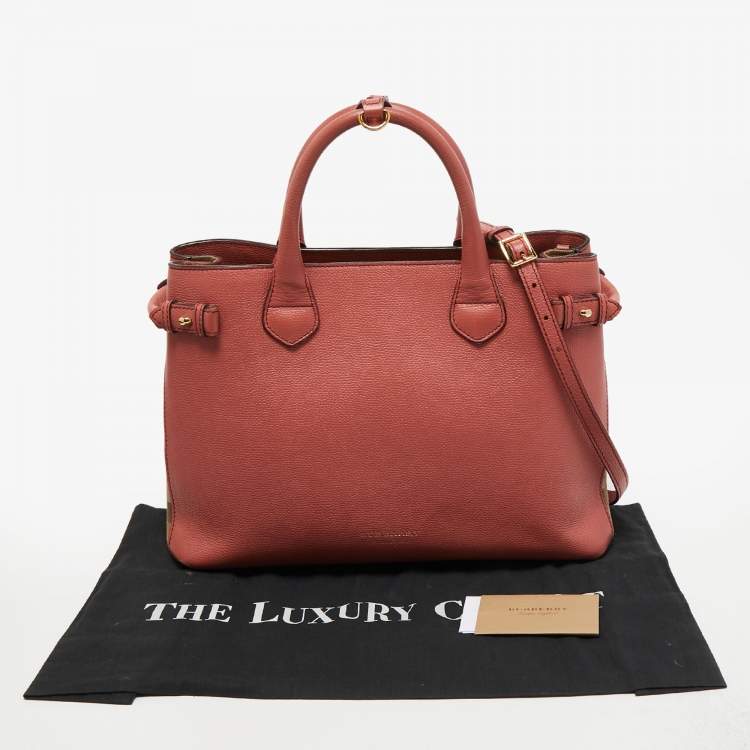 Pre Owned Burberry Peach/Beige Leather and House Check Fabric Medium Banner Tote