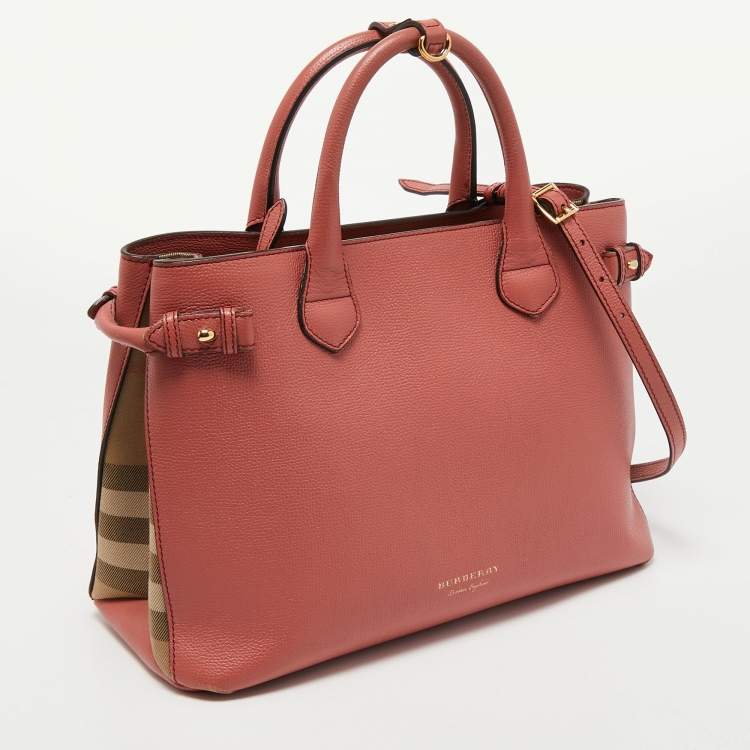 Pre Owned Burberry Peach/Beige Leather and House Check Fabric Medium Banner Tote
