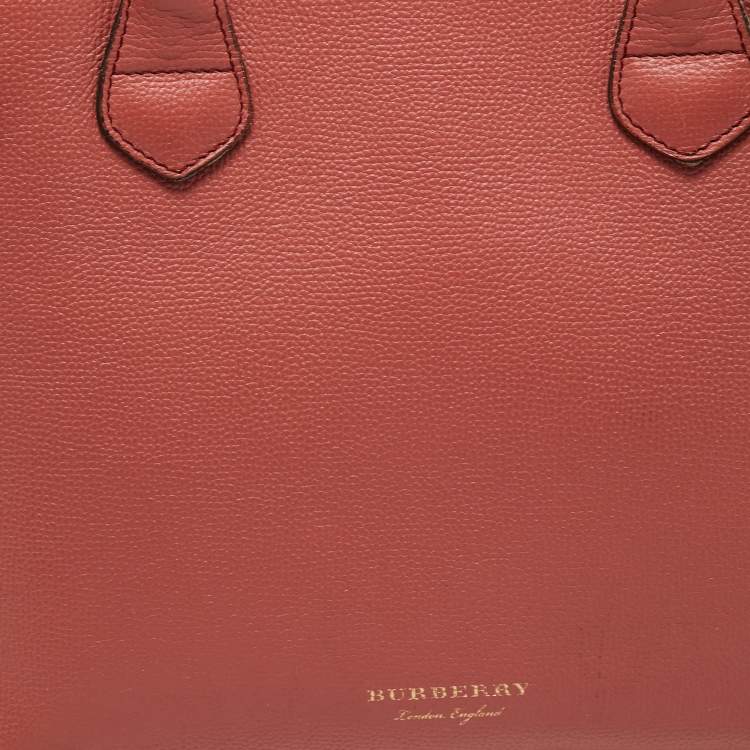 Pre Owned Burberry Peach/Beige Leather and House Check Fabric Medium Banner Tote