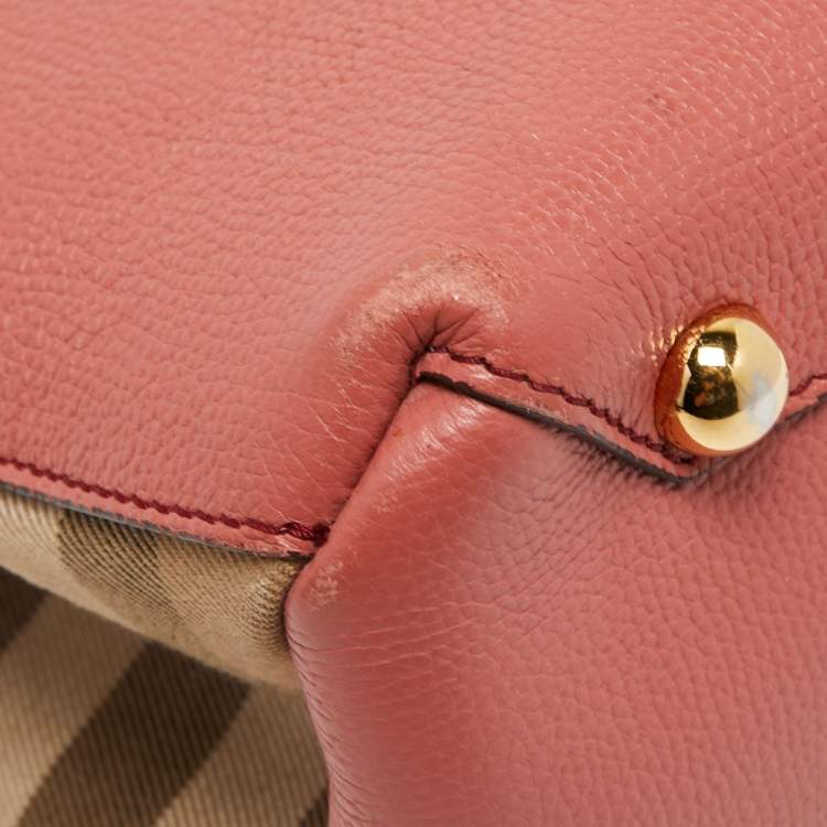 Pre Owned Burberry Peach/Beige Leather and House Check Fabric Medium Banner Tote