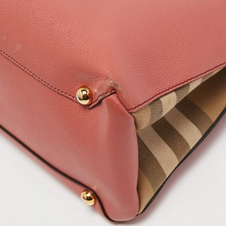 Pre Owned Burberry Peach/Beige Leather and House Check Fabric Medium Banner Tote
