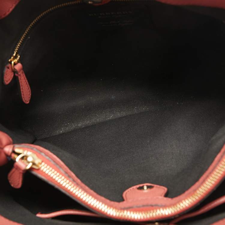 Pre Owned Burberry Peach/Beige Leather and House Check Fabric Medium Banner Tote