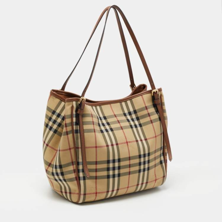 Pre Owned Burberry Beige/Brown Haymarket Check Canvas and Leather Small Canterbury Tote