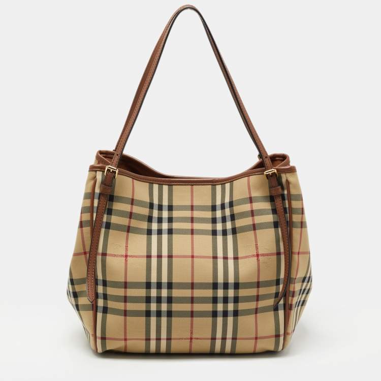 Pre Owned Burberry Beige/Brown Haymarket Check Canvas and Leather Small Canterbury Tote
