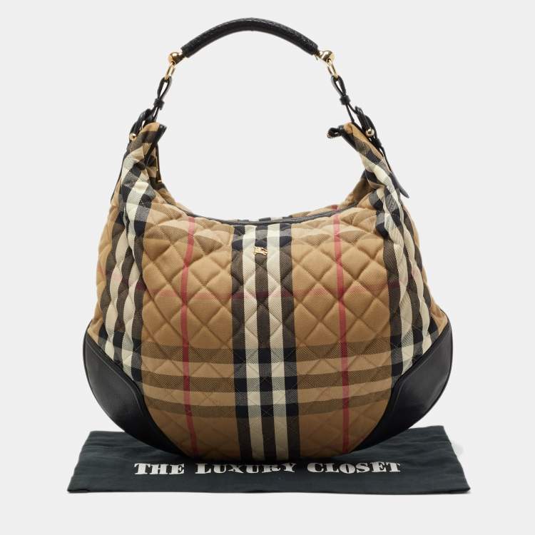 Pre Owned Burberry Beige/Black House Check Fabric and Leather Oversize Hoxton Hobo