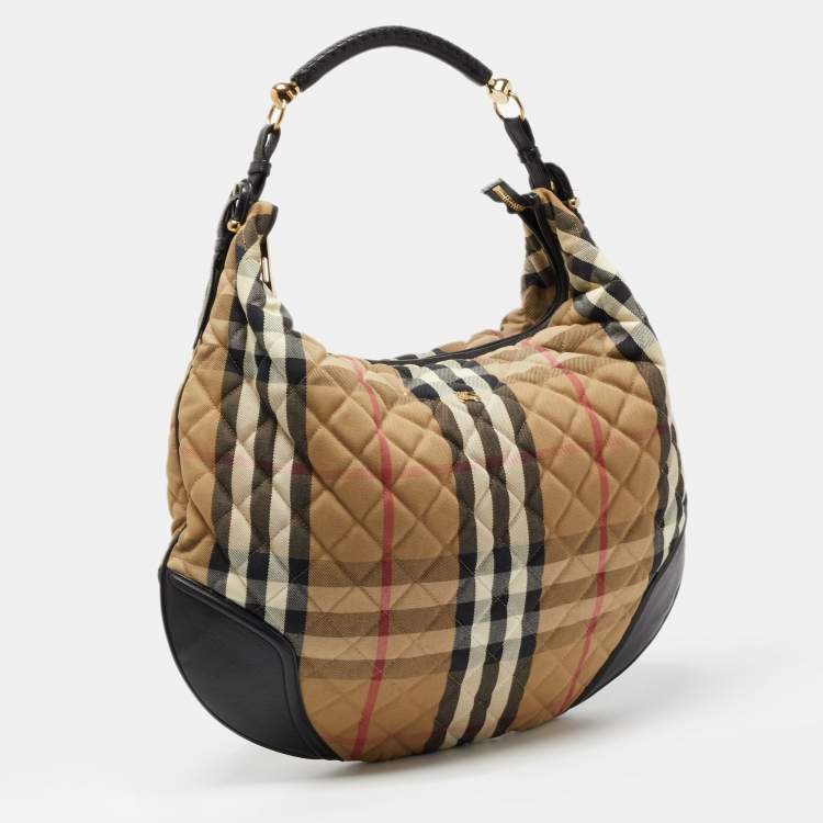 Pre Owned Burberry Beige/Black House Check Fabric and Leather Oversize Hoxton Hobo