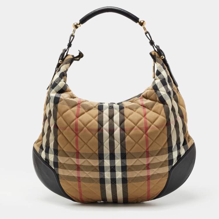 Pre Owned Burberry Beige/Black House Check Fabric and Leather Oversize Hoxton Hobo