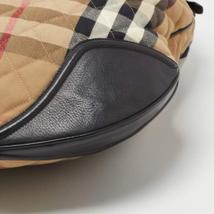 Pre Owned Burberry Beige/Black House Check Fabric and Leather Oversize Hoxton Hobo