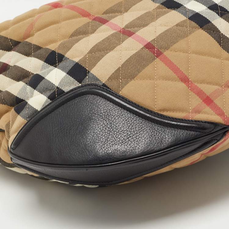 Pre Owned Burberry Beige/Black House Check Fabric and Leather Oversize Hoxton Hobo