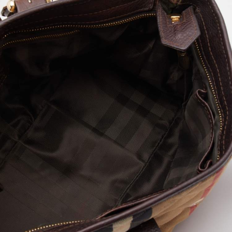 Pre Owned Burberry Beige/Brown Quilted House Check Canvas and Leather Buckle Flap Satchel